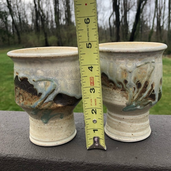 Artist Signed 2 Studio Pottery Goblets Cups - Creamy Tan Brown Blue Green Glaze - Picture 2 of 10